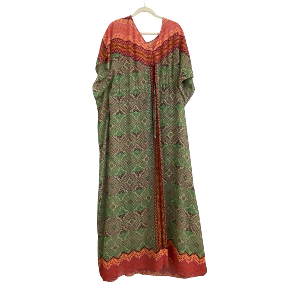 Anthropologie Vanessa Virginia Boho Caftan Maxi Dress Green Pink Med Resortwear